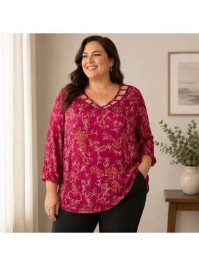 41 Hawthorn Plus 2X Magenta Floral Lattice V-Neck 3/4 Sleeve Blouse Top
